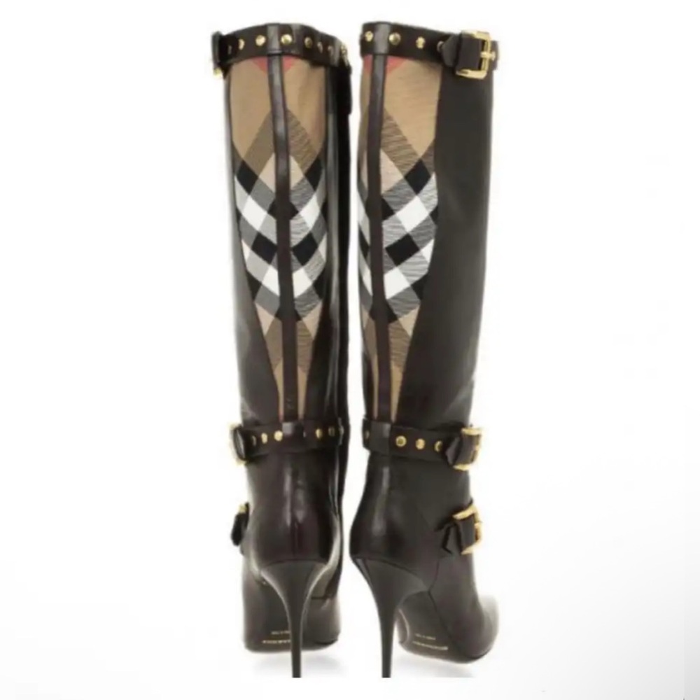Burberry Black and Brown Plaid Heeled Boots - Picture 3 of 11